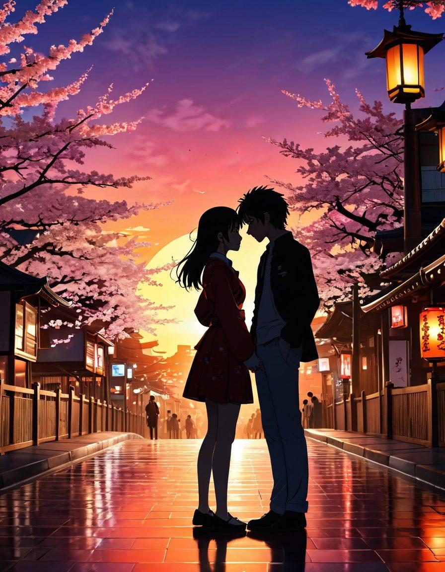 A vibrant, dynamic scene illustrating two anime characters in a heartfelt embrace, surrounded by iconic Japanese cultural elements like cherry blossoms and traditional lanterns. The background shows a beautiful sunset with warm hues blending into a panoramic view of a bustling Tokyo street filled with anime billboards. The characters should express deep emotion, with sparkling eyes and flowing hair, embodying the essence of love and passion in anime. Bright, engaging colors amplify the romantic atmosphere. super-realistic. vibrant colors. 3D.