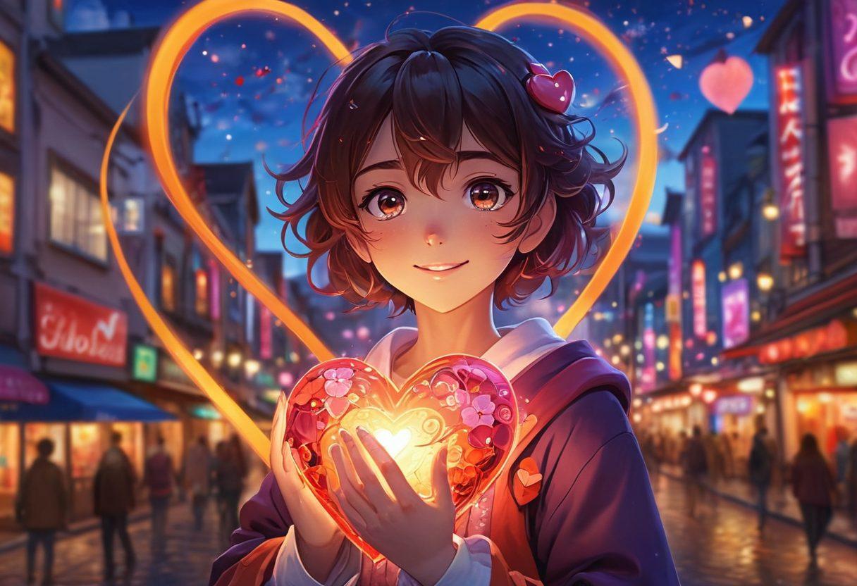 A whimsical scene depicting an anime character with expressive eyes and a warm smile, surrounded by vibrant heart-shaped motifs and swirling colors that symbolize passion and affection. In the background, a soft glow enhances a cityscape subtly hinting at emotional connections. The character is holding a glowing heart, representing love transcending screens. super-realistic. vibrant colors. soft focus.