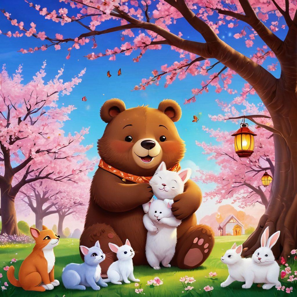A whimsical scene showcasing a diverse group of animated characters sharing affectionate moments: a bear hugging a rabbit under a blooming cherry blossom tree, a cat and dog playfully interacting, and children watching with joy. The background features vibrant colors and elements symbolizing different cultures, like lanterns and traditional ornaments. The overall mood is warm and inviting, celebrating love and friendship in animated storytelling. bright colors. cartoonish style.